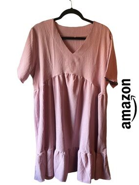 Pink V-Neck Ruffle Hem Babydoll Style Summer Dress